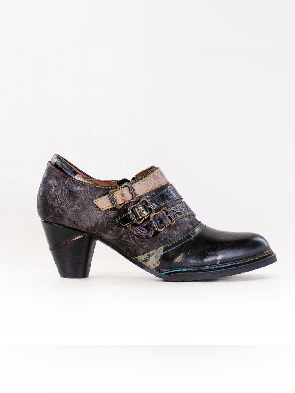 Women's Black Multi-Accent Buckle Mid-Heel Shoes